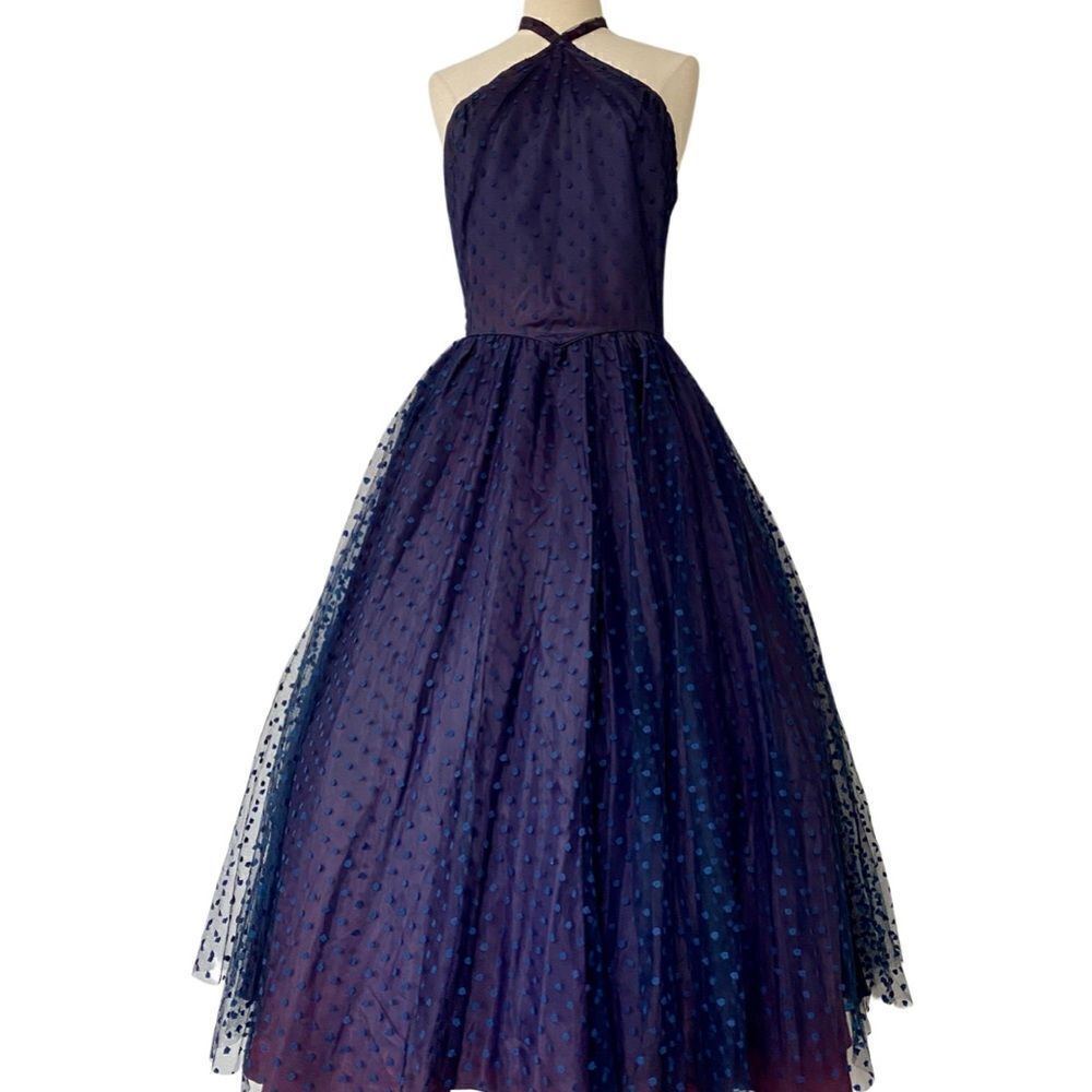 Gorgeous 70s / 80s Fun Purple Polka Dot Tulle Halter Neck Formal Gown